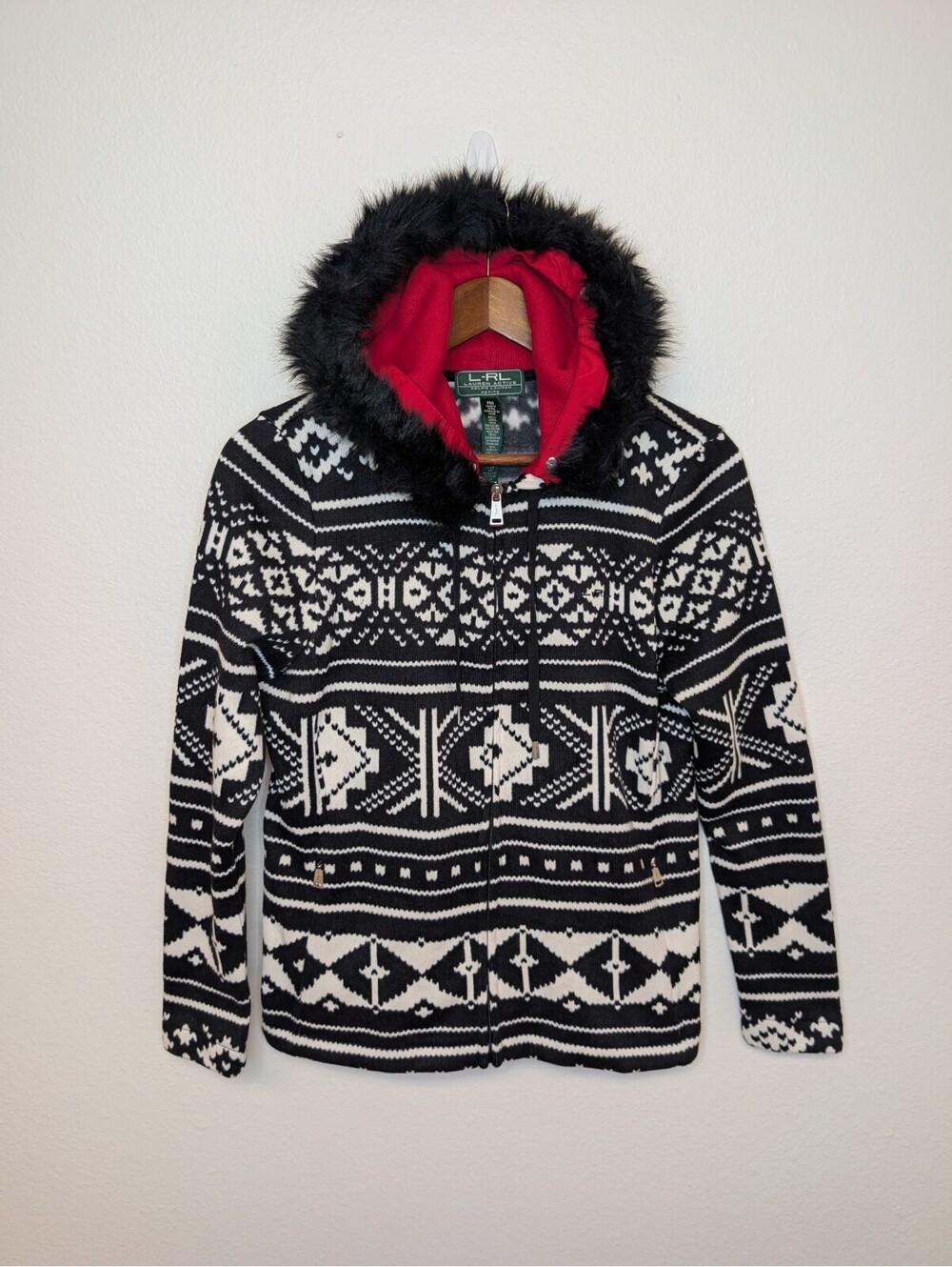 Ralph Lauren Active Black White Fleece Jacket Faux Fur Hood Womens Size PM